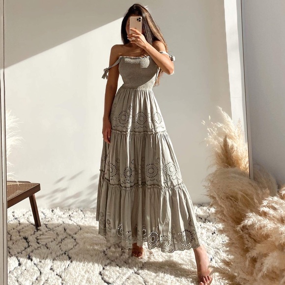 Zara Dresses & Skirts - nwt zara  tiered embroidered smocked crochet midi dress in sage, size small